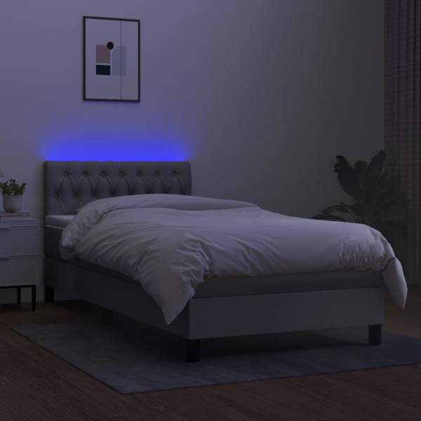 LED-valgustusega kontinentaalvoodi koos madratsiga, helehall, 100 × 200 cm, kangas — mudel 3133373