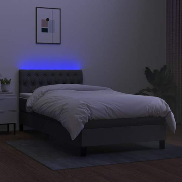 LED-valgustusega kontinentaalvoodi koos madratsiga, tumehall, 100 × 200 cm, kangas — mudel 3133374