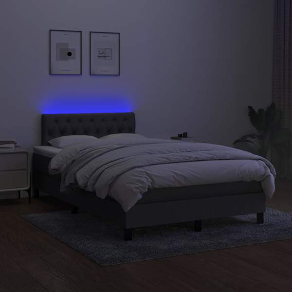 LED-valgustusega kontinentaalvoodi koos madratsiga, tumehall, 120 × 200 cm, kangas — mudel 3133382