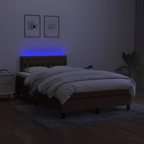 LED-valgustusega kontinentaalvoodi koos madratsiga, tumepruun, 120 × 200 cm, kangas — mudel 3133384