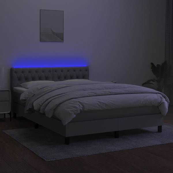 LED-valgustusega kontinentaalvoodi koos madratsiga, helehall, 140 × 190 cm, kangas — mudel 3133389