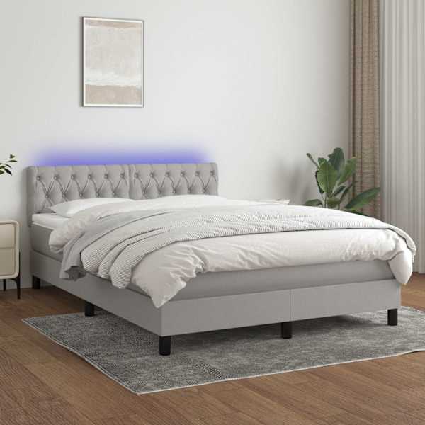 LED-valgustusega kontinentaalvoodi koos madratsiga, helehall, 140 × 190 cm, kangas — mudel 3133389
