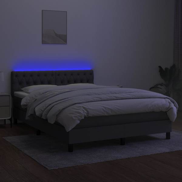 LED-valgustusega kontinentaalvoodi koos madratsiga, tumehall, 140 × 190 cm, kangas — mudel 3133390