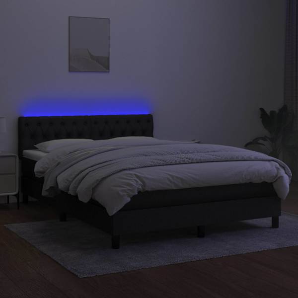 LED-valgustusega kontinentaalvoodi koos madratsiga, must, 140 × 190 cm, kangas — mudel 3133391