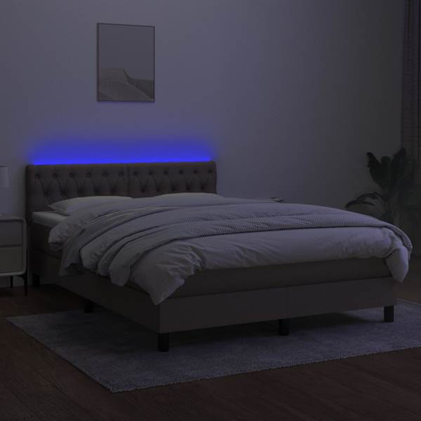 LED-valgustusega kontinentaalvoodi koos madratsiga, pruunikashall, 140 × 190 cm, kangas — mudel 3133393