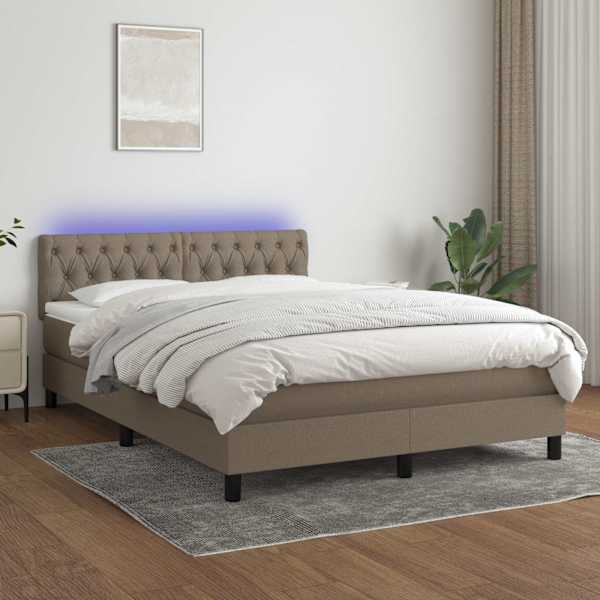 LED-valgustusega kontinentaalvoodi koos madratsiga, pruunikashall, 140 × 190 cm, kangas — mudel 3133393