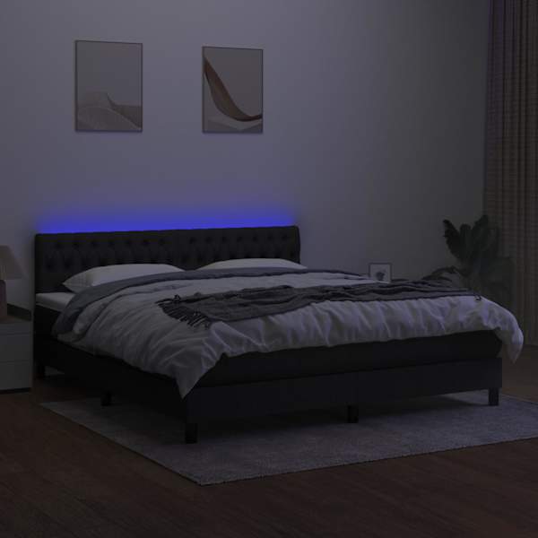 LED-valgustusega kontinentaalvoodi koos madratsiga, must, 160 × 200 cm, kangas — mudel 3133407