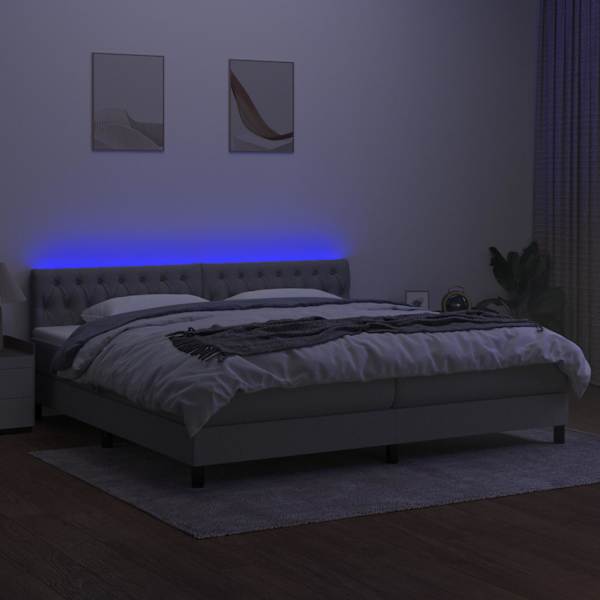 LED-valgustusega kontinentaalvoodi koos 2 madratsiga, helehall, 200 × 200 cm, kangas — mudel 3133421