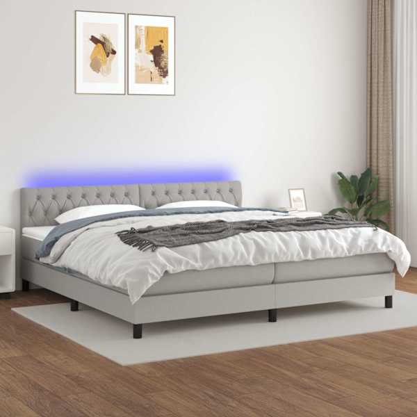 LED-valgustusega kontinentaalvoodi koos 2 madratsiga, helehall, 200 × 200 cm, kangas — mudel 3133421