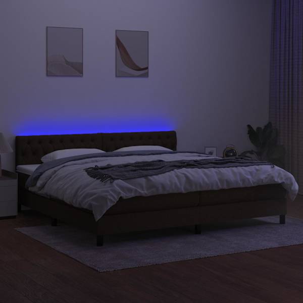 LED-valgustusega kontinentaalvoodi koos 2 madratsiga, tumepruun, 200 × 200 cm, kangas — mudel 3133424
