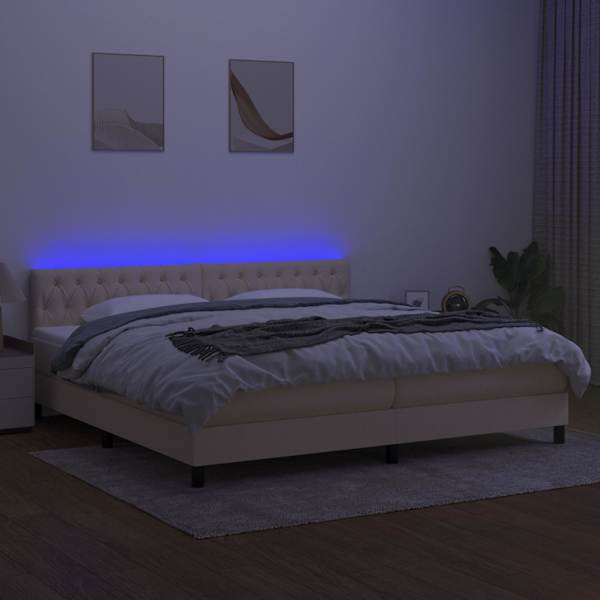 LED-valgustusega kontinentaalvoodi koos 2 madratsiga, kreemjasvalge, 200 × 200 cm, kangas — mudel 3133426