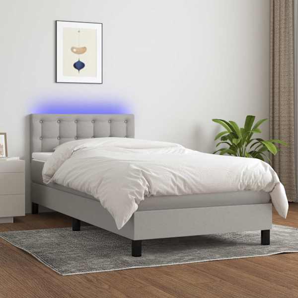 LED-valgustusega kontinentaalvoodi koos madratsiga, helehall, 90 × 190 cm, kangas — mudel 3133437