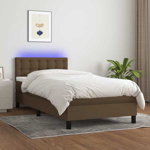 LED-valgustusega kontinentaalvoodi koos madratsiga, tumepruun, 90 × 190 cm, kangas — mudel 3133440