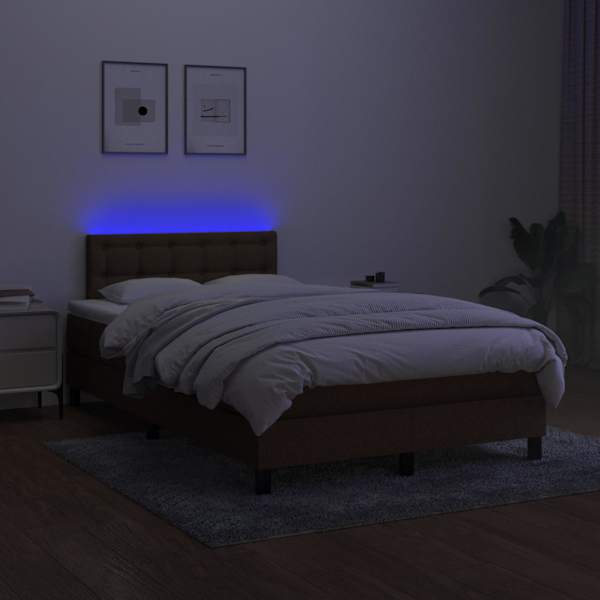 LED-valgustusega kontinentaalvoodi koos madratsiga, tumepruun, 120 × 200 cm, kangas — mudel 3133464