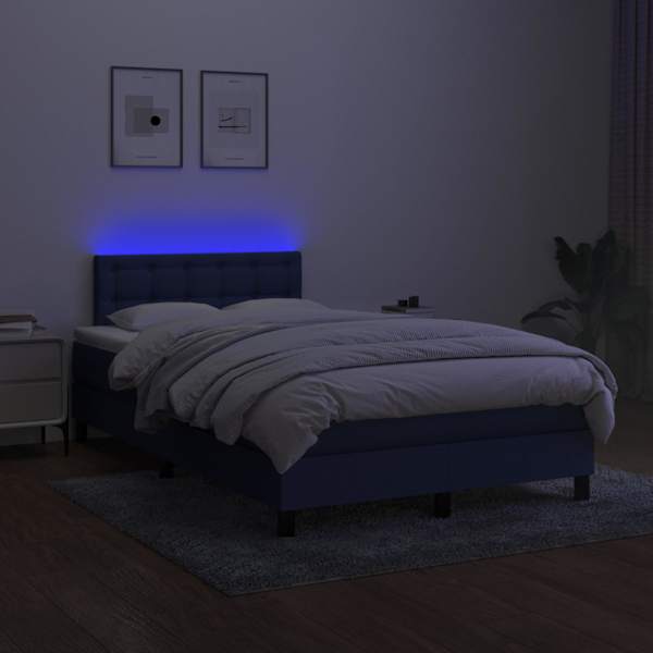LED-valgustusega kontinentaalvoodi koos madratsiga, sinine, 120 × 200 cm, kangas — mudel 3133467