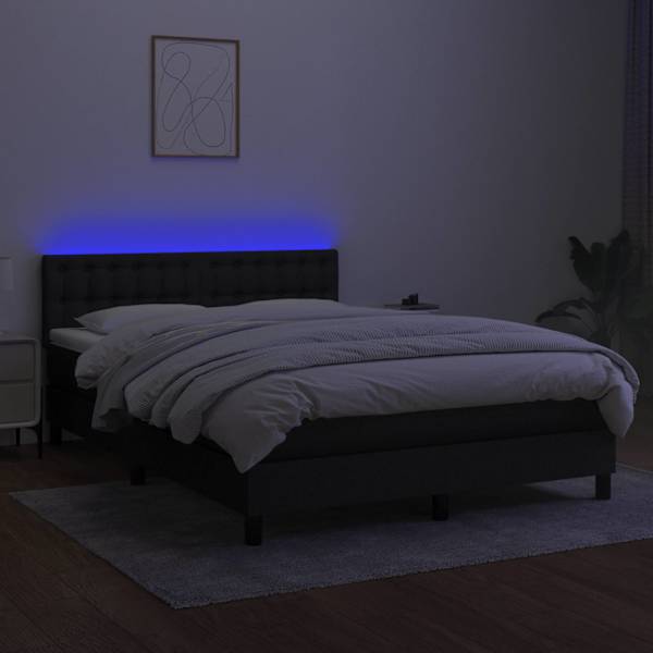 LED-valgustusega kontinentaalvoodi koos madratsiga, must, 140 × 190 cm, kangas — mudel 3133471