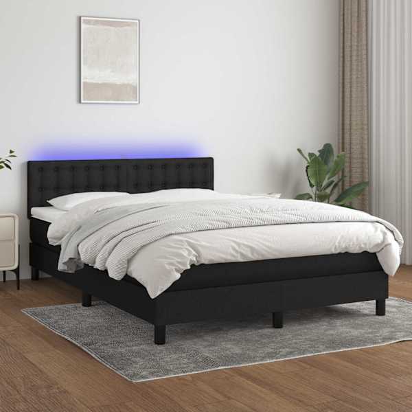 LED-valgustusega kontinentaalvoodi koos madratsiga, must, 140 × 190 cm, kangas — mudel 3133471