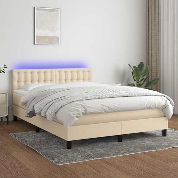 LED-valgustusega kontinentaalvoodi koos madratsiga, kreemjasvalge, 140 × 190 cm, kangas — mudel 3133474