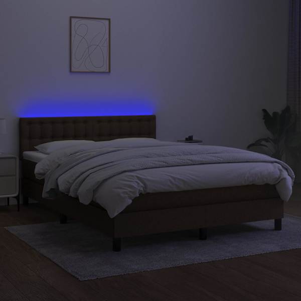 LED-valgustusega kontinentaalvoodi koos madratsiga, tumepruun, 140 × 200 cm, kangas — mudel 3133480