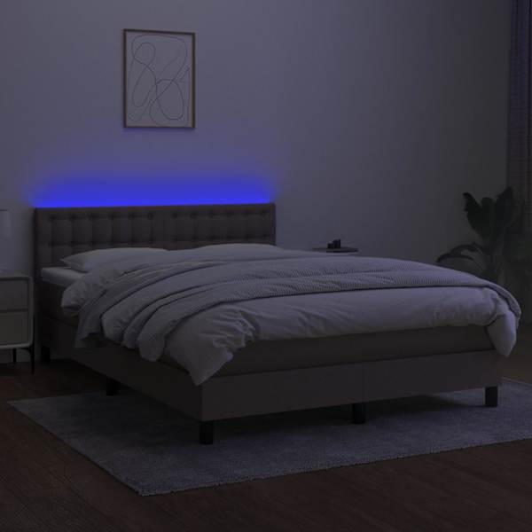 LED-valgustusega kontinentaalvoodi koos madratsiga, pruunikashall, 140 × 200 cm, kangas — mudel 3133481