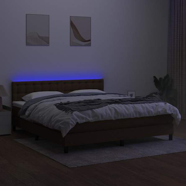 LED-valgustusega kontinentaalvoodi koos madratsiga, tumepruun, 180 × 200 cm, kangas — mudel 3133496