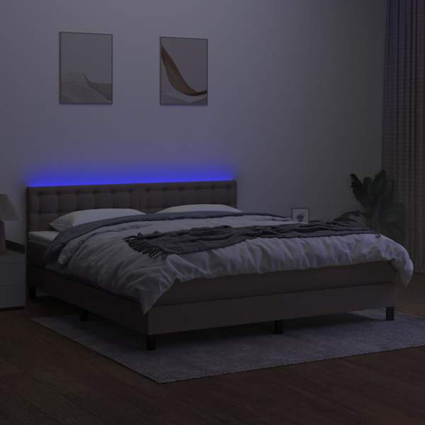 LED-valgustusega kontinentaalvoodi koos madratsiga, pruunikashall, 180 × 200 cm, kangas — mudel 3133497