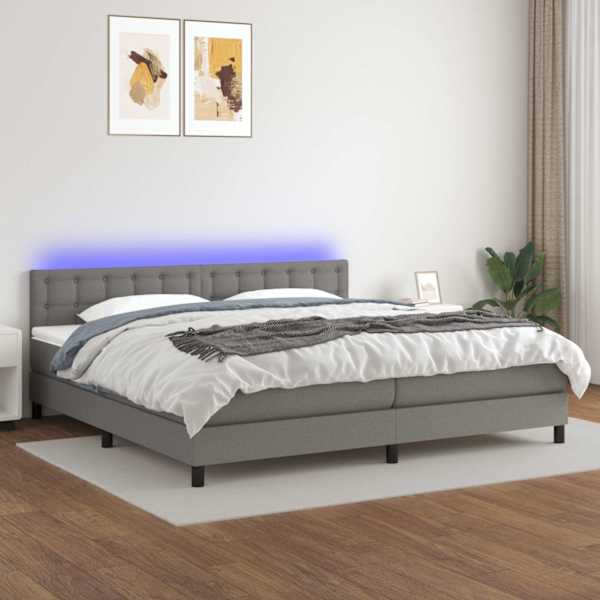 LED-valgustusega kontinentaalvoodi koos 2 madratsiga, tumehall, 200 × 200 cm, kangas — mudel 3133502