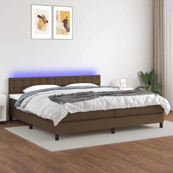 LED-valgustusega kontinentaalvoodi koos 2 madratsiga, tumepruun, 200 × 200 cm, kangas — mudel 3133504