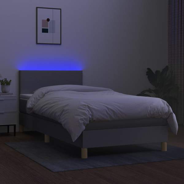 LED-valgustusega kontinentaalvoodi koos madratsiga, helehall, 90 × 190 cm, kangas — mudel 3133517