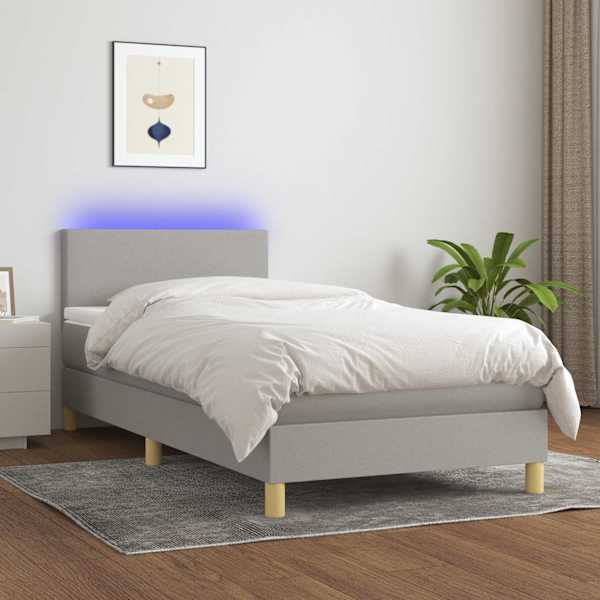 LED-valgustusega kontinentaalvoodi koos madratsiga, helehall, 90 × 190 cm, kangas — mudel 3133517