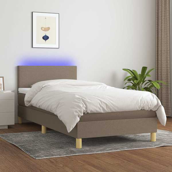 LED-valgustusega kontinentaalvoodi koos madratsiga, pruunikashall, 90 × 200 cm, kangas — mudel 3133529