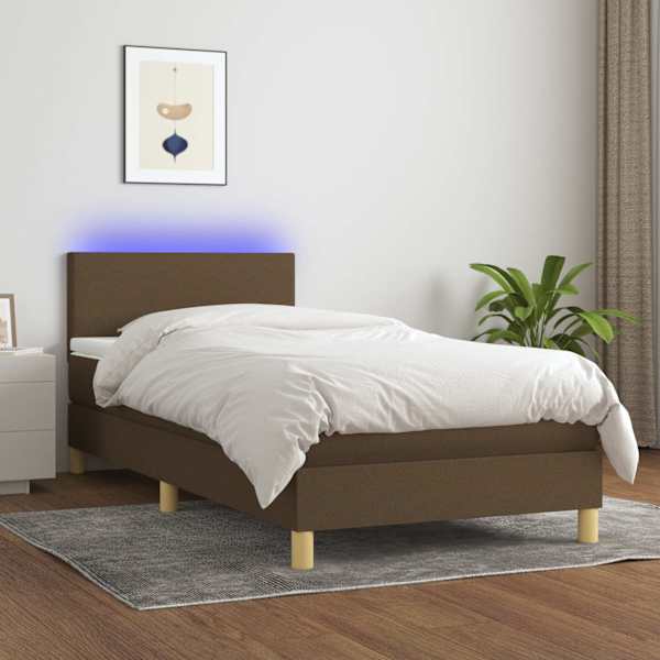 LED-valgustusega kontinentaalvoodi koos madratsiga, tumepruun, 100 × 200 cm, kangas — mudel 3133536
