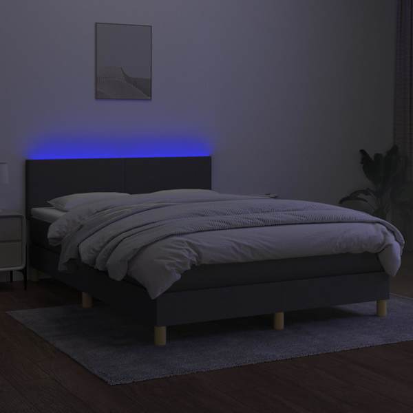 LED-valgustusega kontinentaalvoodi koos madratsiga, tumehall, 140 × 190 cm, kangas — mudel 3133550