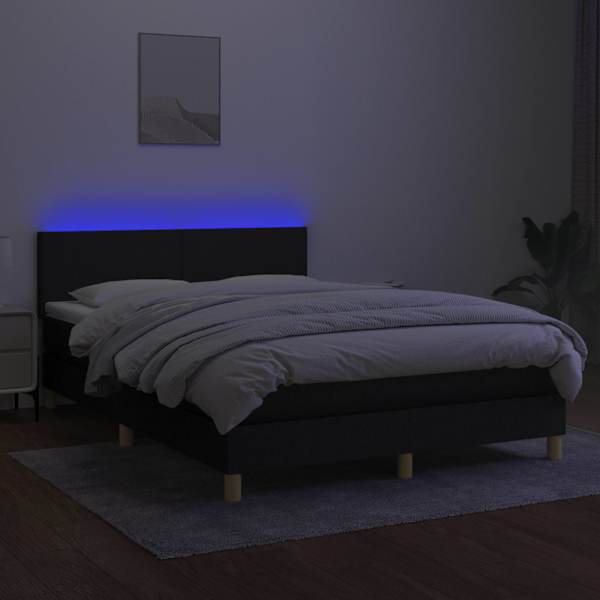 LED-valgustusega kontinentaalvoodi koos madratsiga, must, 140 × 190 cm, kangas — mudel 3133551