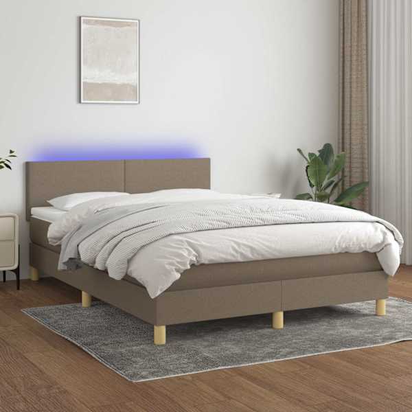 LED-valgustusega kontinentaalvoodi koos madratsiga, pruunikashall, 140 × 190 cm, kangas — mudel 3133553