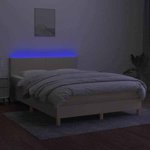 LED-valgustusega kontinentaalvoodi koos madratsiga, kreemjasvalge, 140 × 190 cm, kangas — mudel 3133554