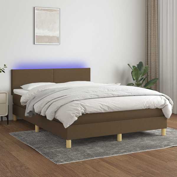 LED-valgustusega kontinentaalvoodi koos madratsiga, tumepruun, 140 × 200 cm, kangas — mudel 3133560