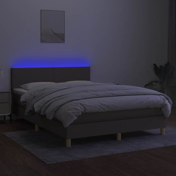 LED-valgustusega kontinentaalvoodi koos madratsiga, pruunikashall, 140 × 200 cm, kangas — mudel 3133561