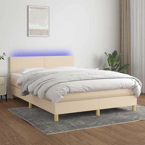 LED-valgustusega kontinentaalvoodi koos madratsiga, kreemjasvalge, 140 × 200 cm, kangas — mudel 3133562