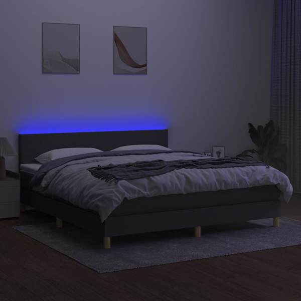 LED-valgustusega kontinentaalvoodi koos madratsiga, tumehall, 180 × 200 cm, kangas — mudel 3133574