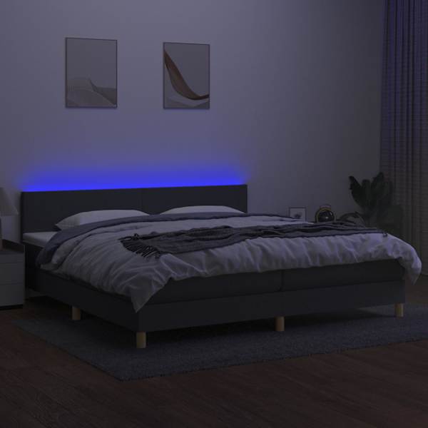 LED-valgustusega kontinentaalvoodi koos 2 madratsiga, tumehall, 200 × 200 cm, kangas — mudel 3133582