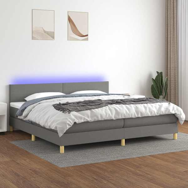 LED-valgustusega kontinentaalvoodi koos 2 madratsiga, tumehall, 200 × 200 cm, kangas — mudel 3133582