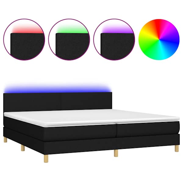 LED-valgustusega kontinentaalvoodi koos 2 madratsiga, must, 200 × 200 cm, kangas — mudel 3133583