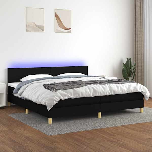 LED-valgustusega kontinentaalvoodi koos 2 madratsiga, must, 200 × 200 cm, kangas — mudel 3133583