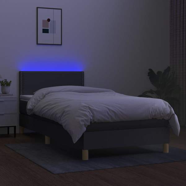 LED-valgustusega kontinentaalvoodi koos madratsiga, tumehall, 90 × 190 cm, kangas — mudel 3133598
