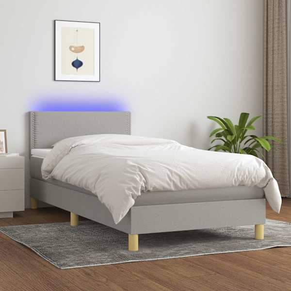 LED-valgustusega kontinentaalvoodi koos madratsiga, helehall, 100 × 200 cm, kangas — mudel 3133613