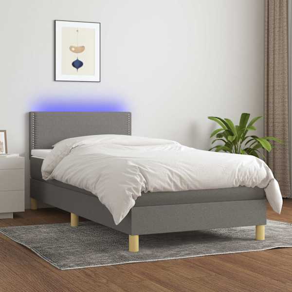 LED-valgustusega kontinentaalvoodi koos madratsiga, tumehall, 100 × 200 cm, kangas — mudel 3133614