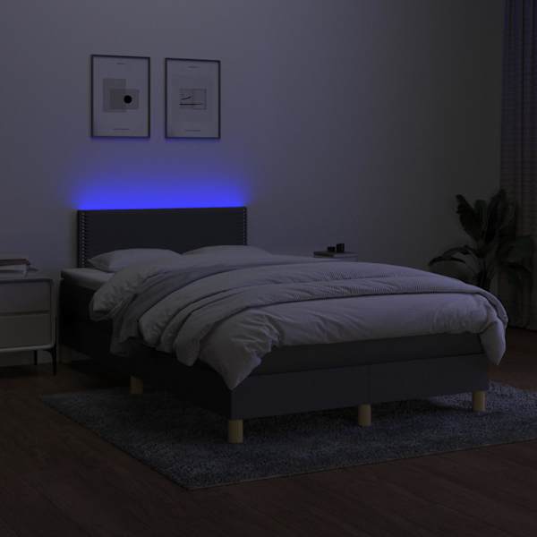LED-valgustusega kontinentaalvoodi koos madratsiga, tumehall, 120 × 200 cm, kangas — mudel 3133622