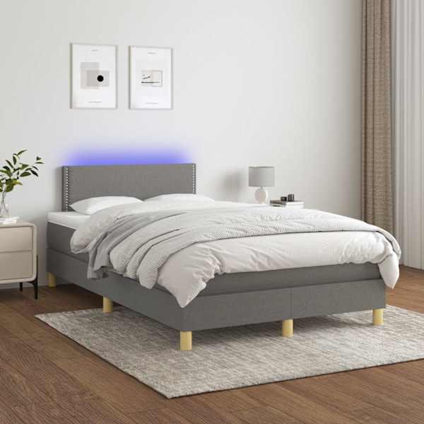 LED-valgustusega kontinentaalvoodi koos madratsiga, tumehall, 120 × 200 cm, kangas — mudel 3133622