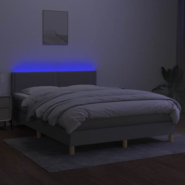 LED-valgustusega kontinentaalvoodi koos madratsiga, helehall, 140 × 200 cm, kangas — mudel 3133637